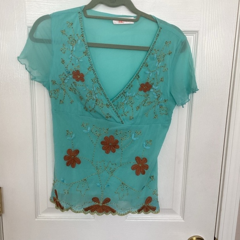 Embroidered Teal Floral Women's Top